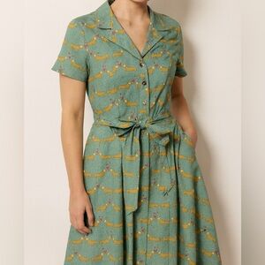 lxia Los Angeles Dachshund Print Dress Small Green Polka Dot Belted Made USA